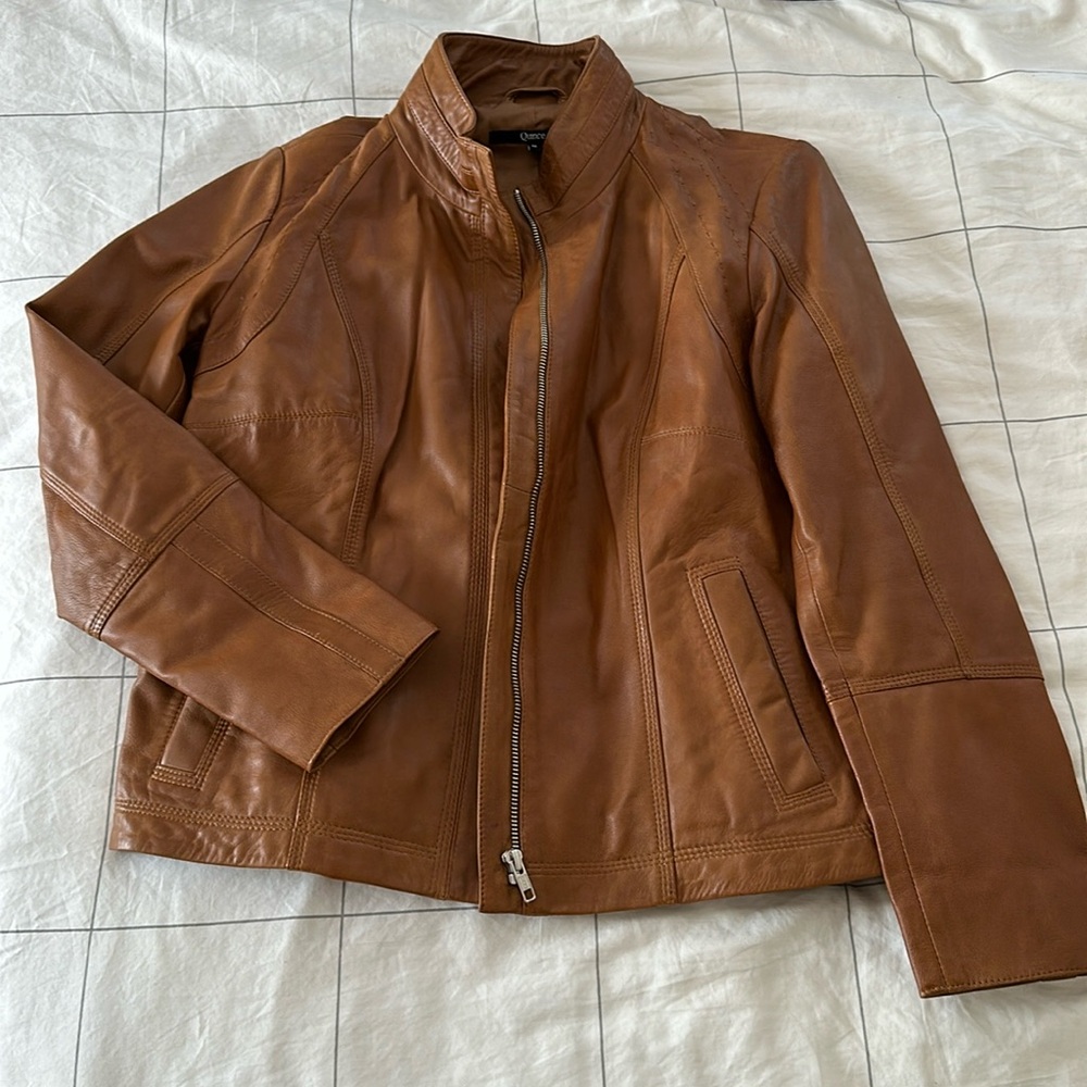 Quince cognac brown stand-collar leather jacket size m